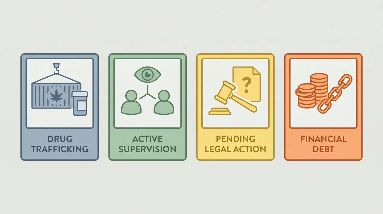 Diagram of four labeled categories that can block passport issuance