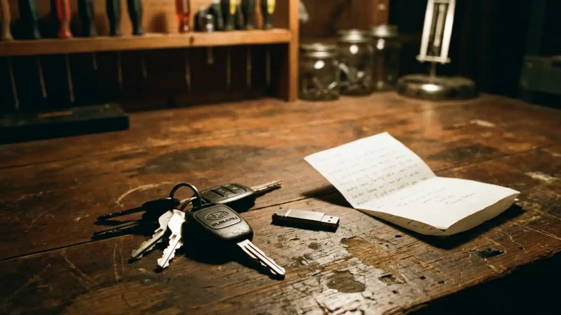 Car keys flash drive and a folded note placed together on a wooden table