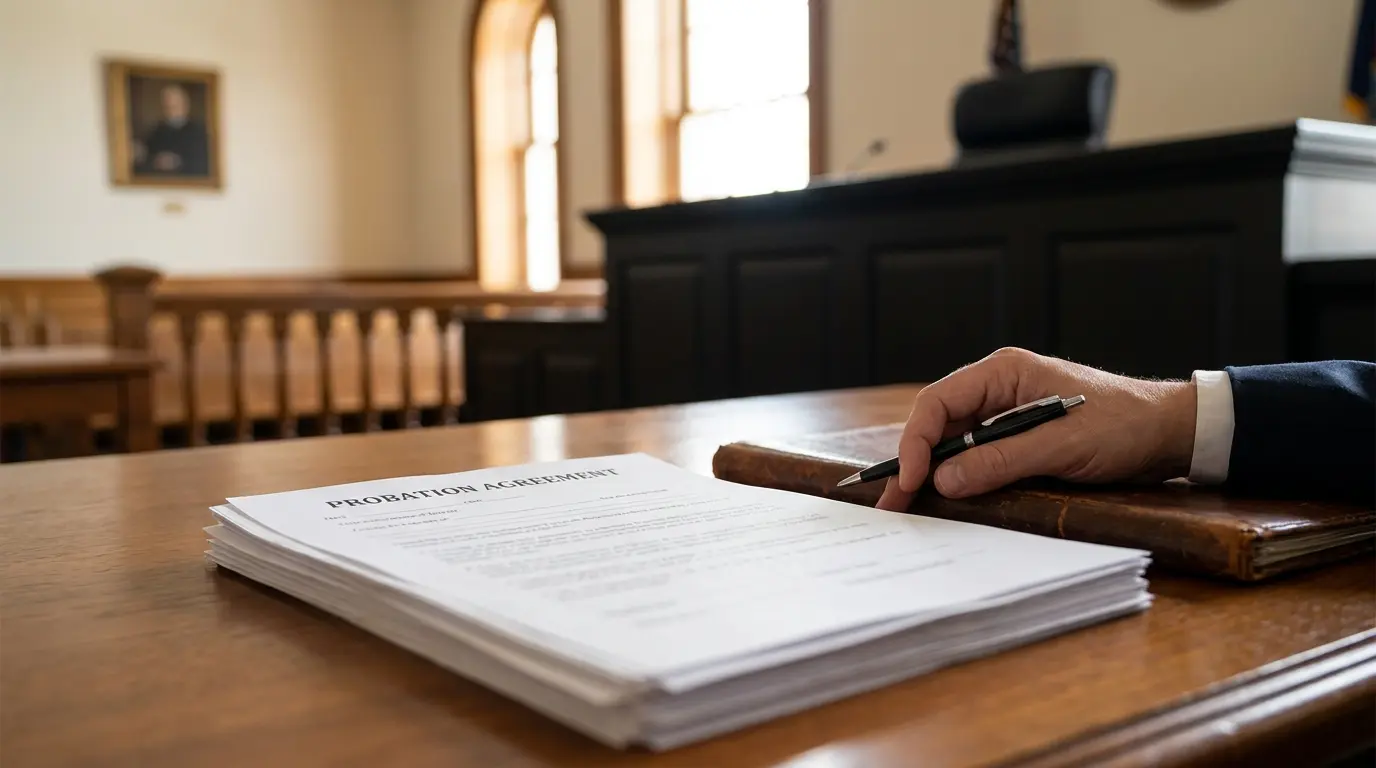 Probation documents on a table inside a courtroom representing supervised freedom