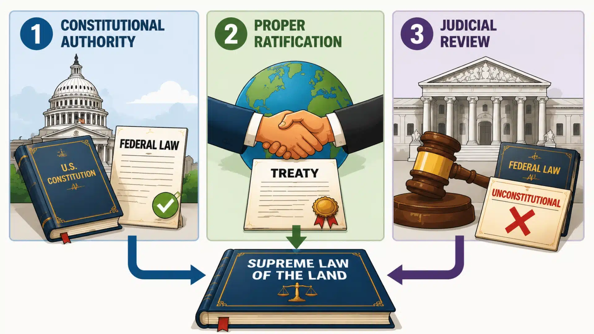 Three legal principles showing constitutional authority, treaty ratification, and judicial review leading to supreme law.