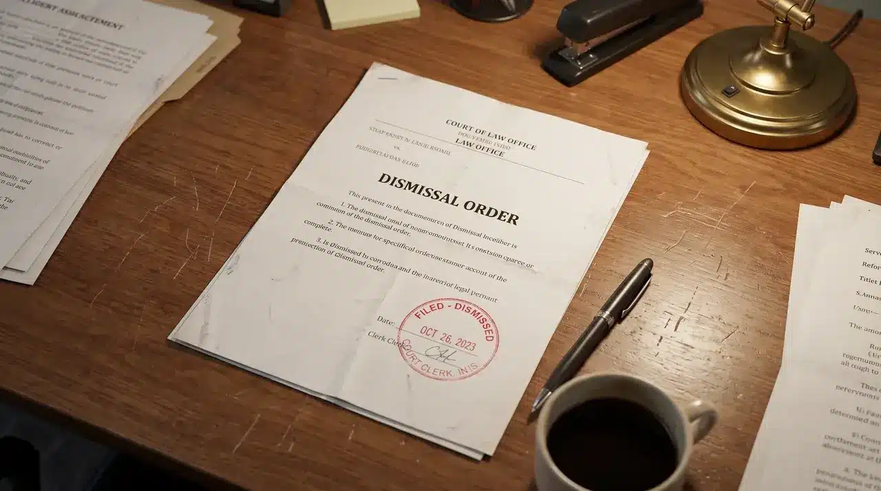 Stamped dismissal order document lying on a desk