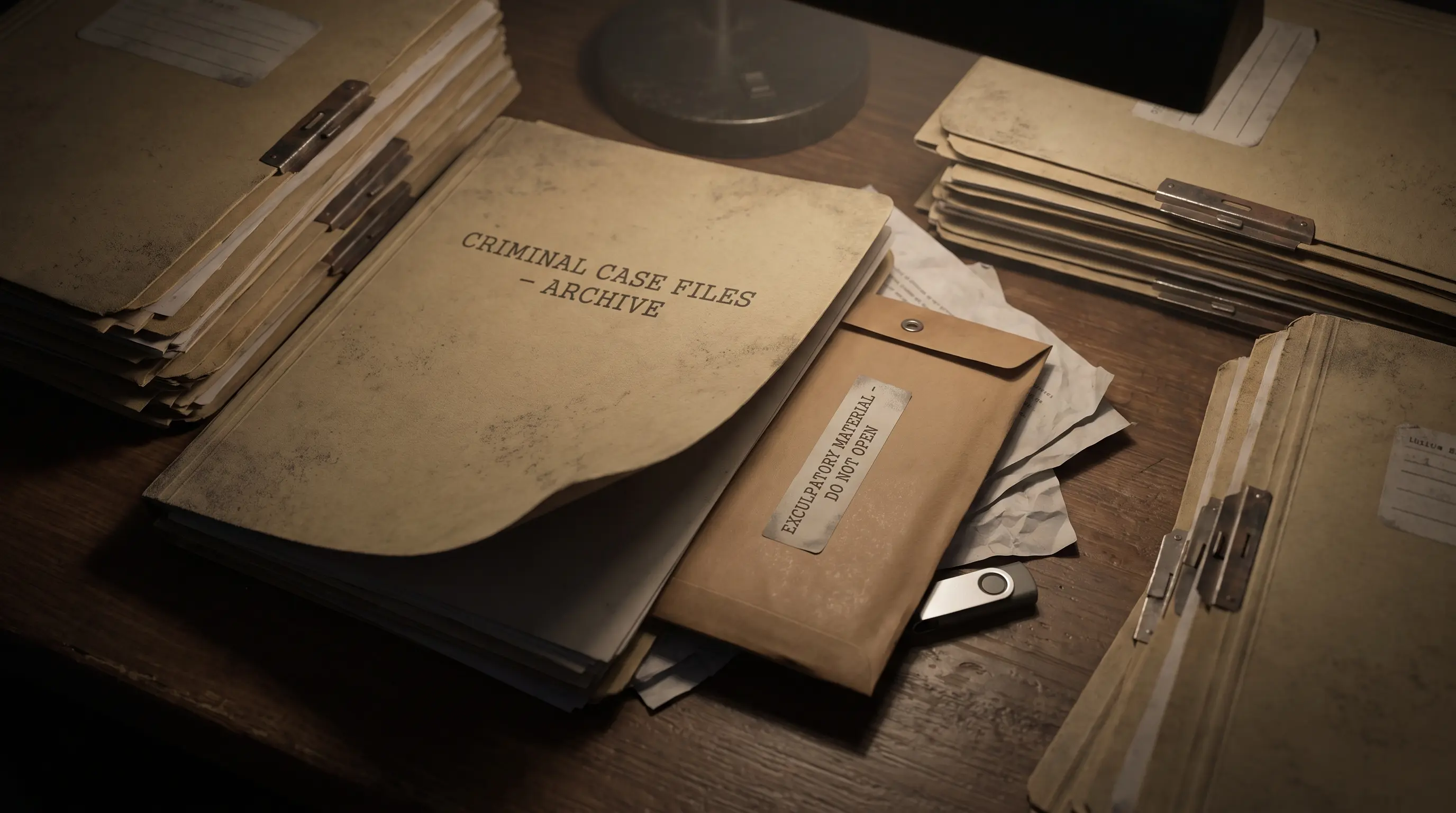 Evidence envelope and digital drive partly hidden beneath stacked criminal case folders.