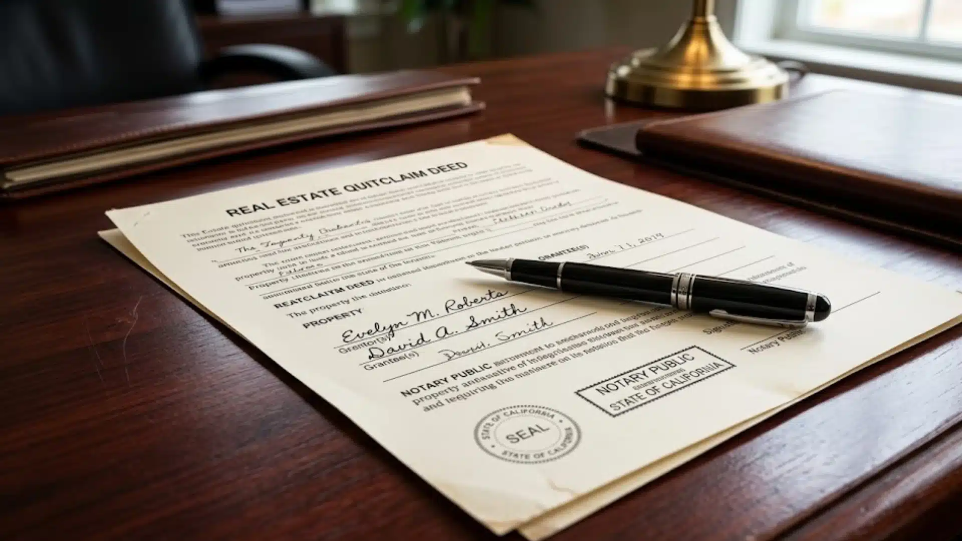 Signed real estate quitclaim deed lying on a dark desk with a legal pen resting on top.