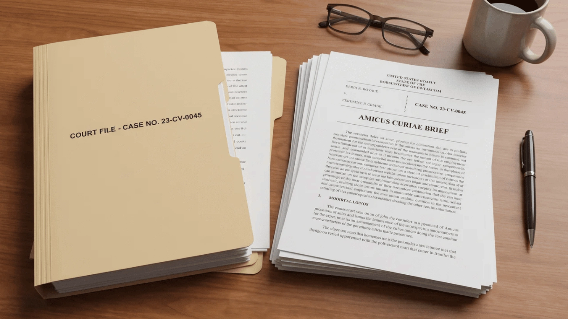 Legal documents and folders arranged for an amicus brief review setting