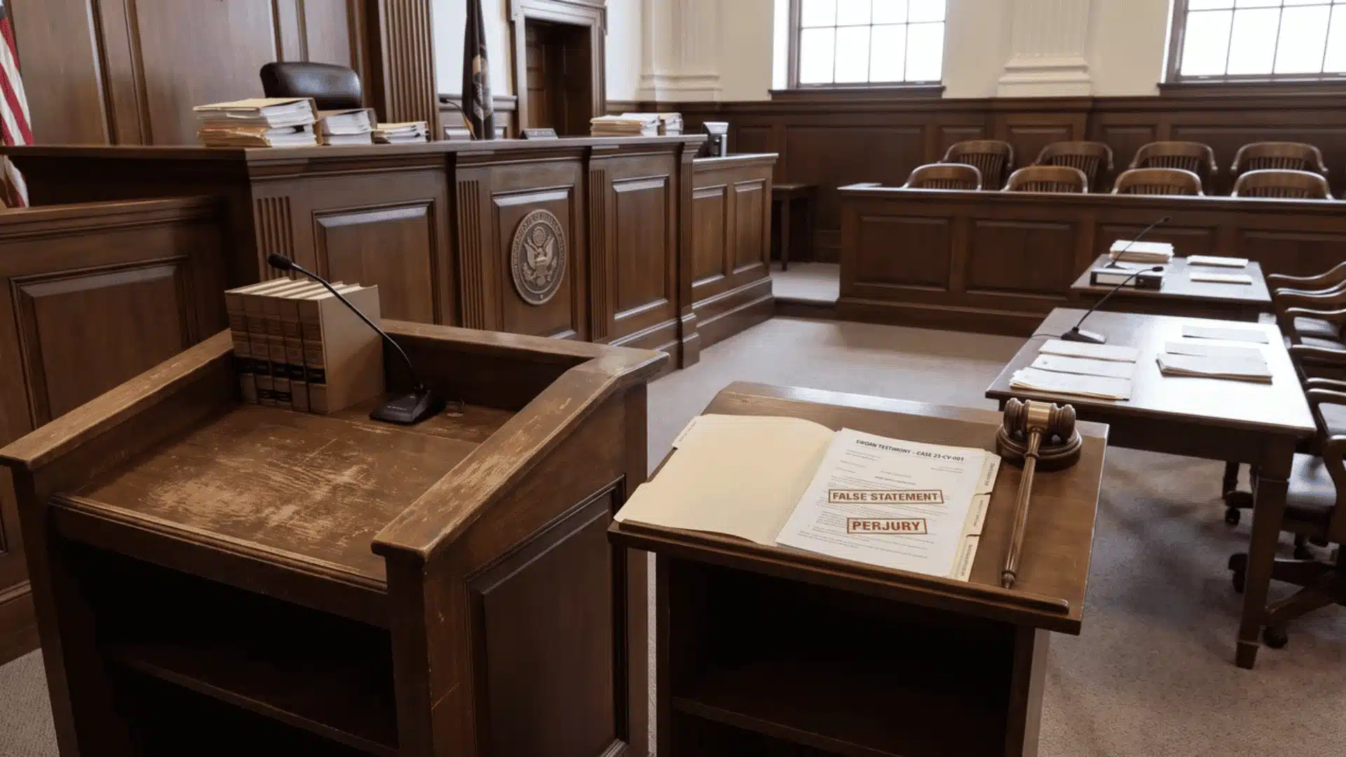 Courtroom setting with legal documents and witness stand representing perjury