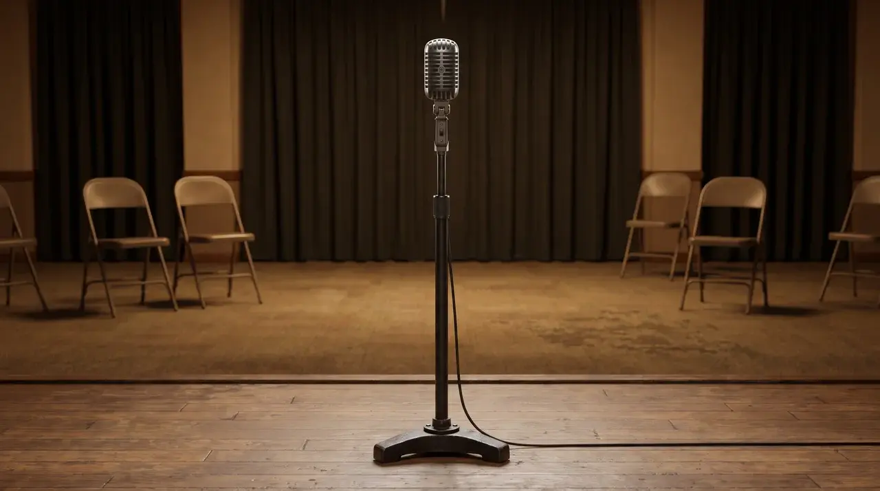 standing microphone on a stage in an empty room
