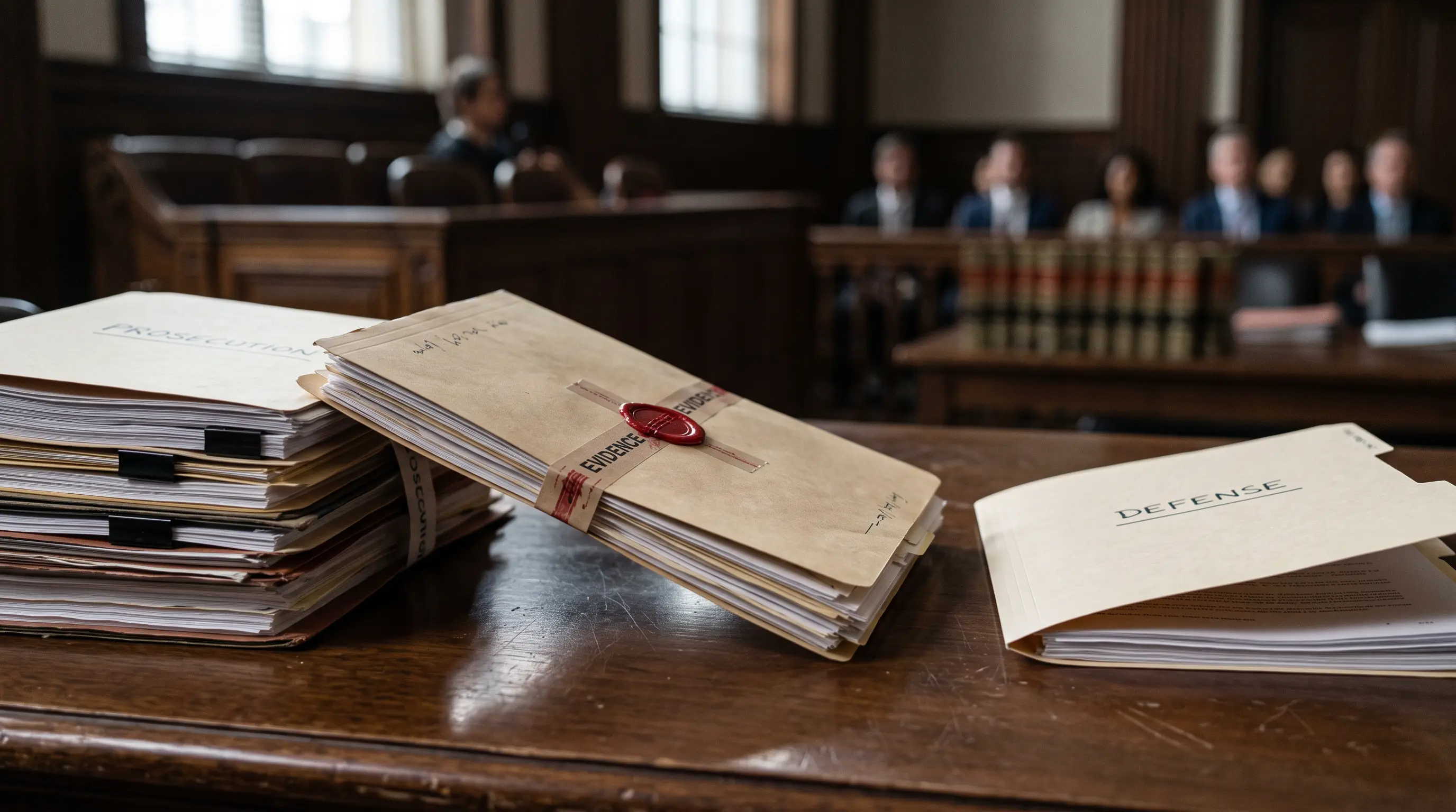 Evidence folder moving between prosecution and defense files to represent disclosure under the Brady rule.