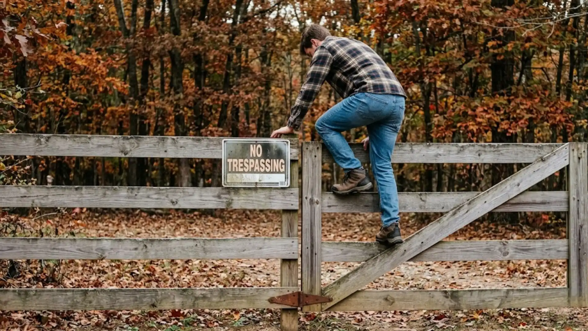 Person climbing over a wooden fence gate past a posted no trespassing sign in the woods