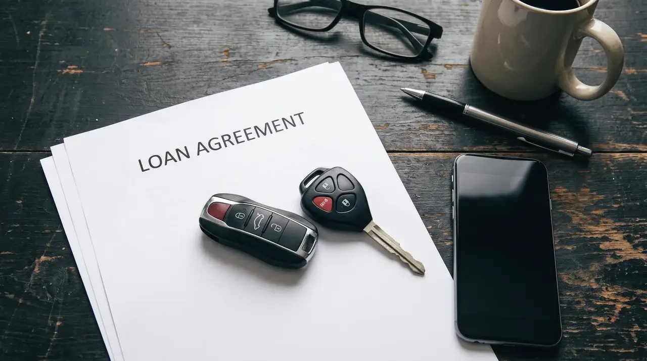 car key resting on a loan agreement next to a telephone on a desk