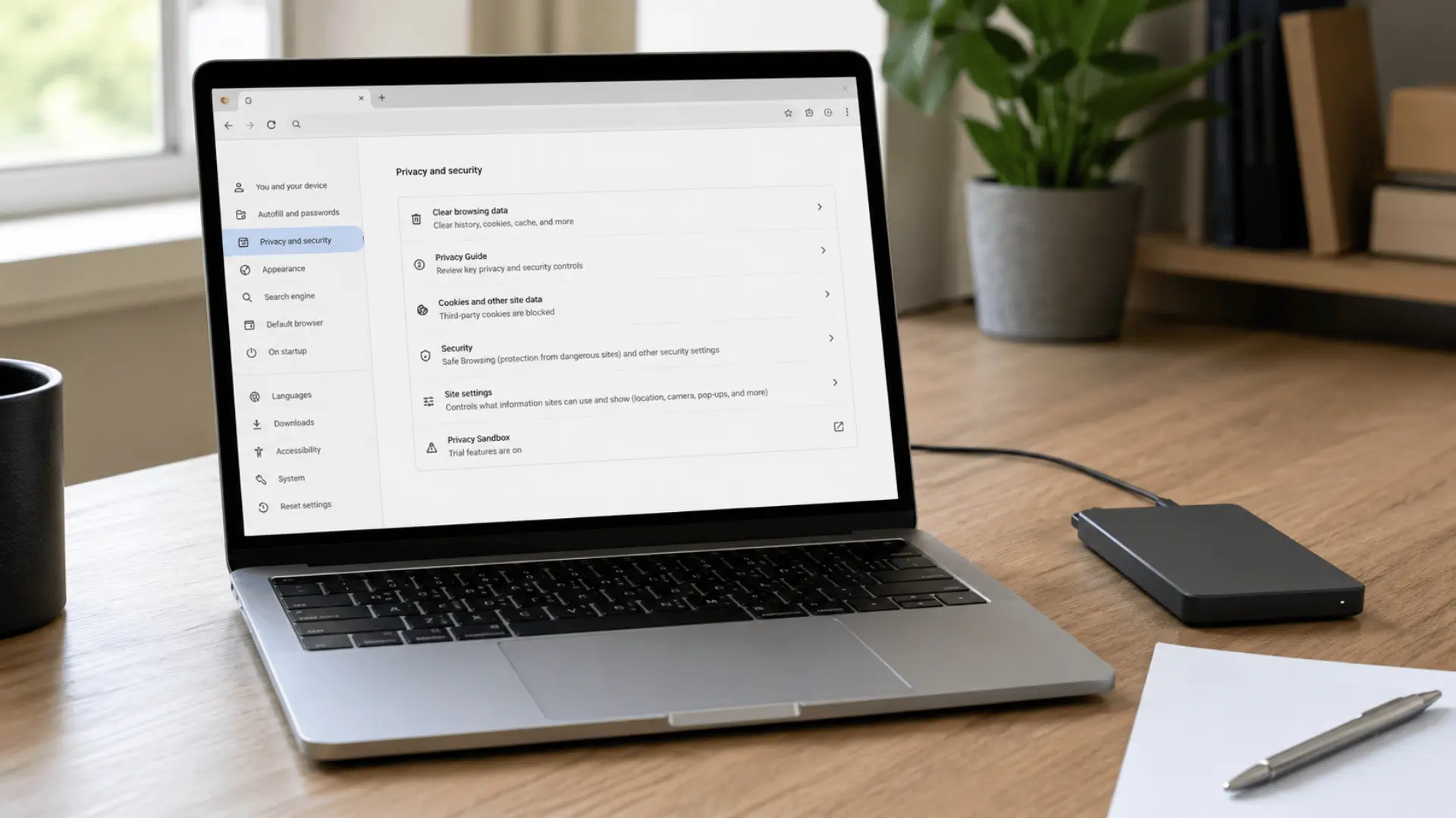Laptop showing privacy settings with document and storage drive