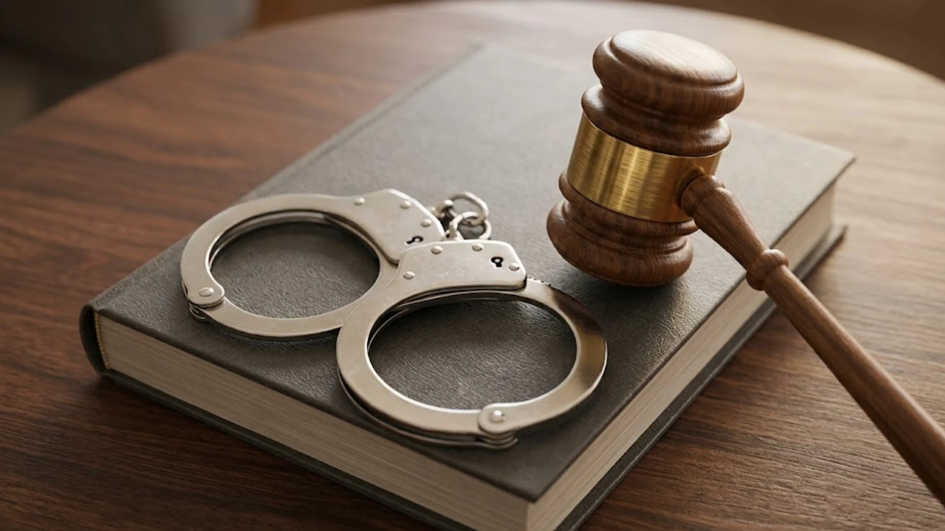 Pair of handcuffs and a wooden gavel resting on a closed law book on a wooden table