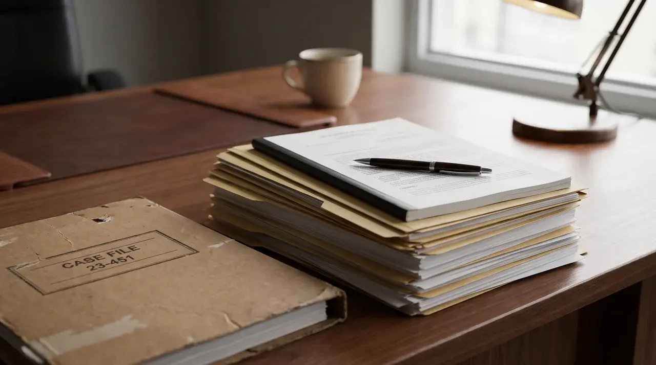 stack of legal documents and a case folder with a pen on a desk