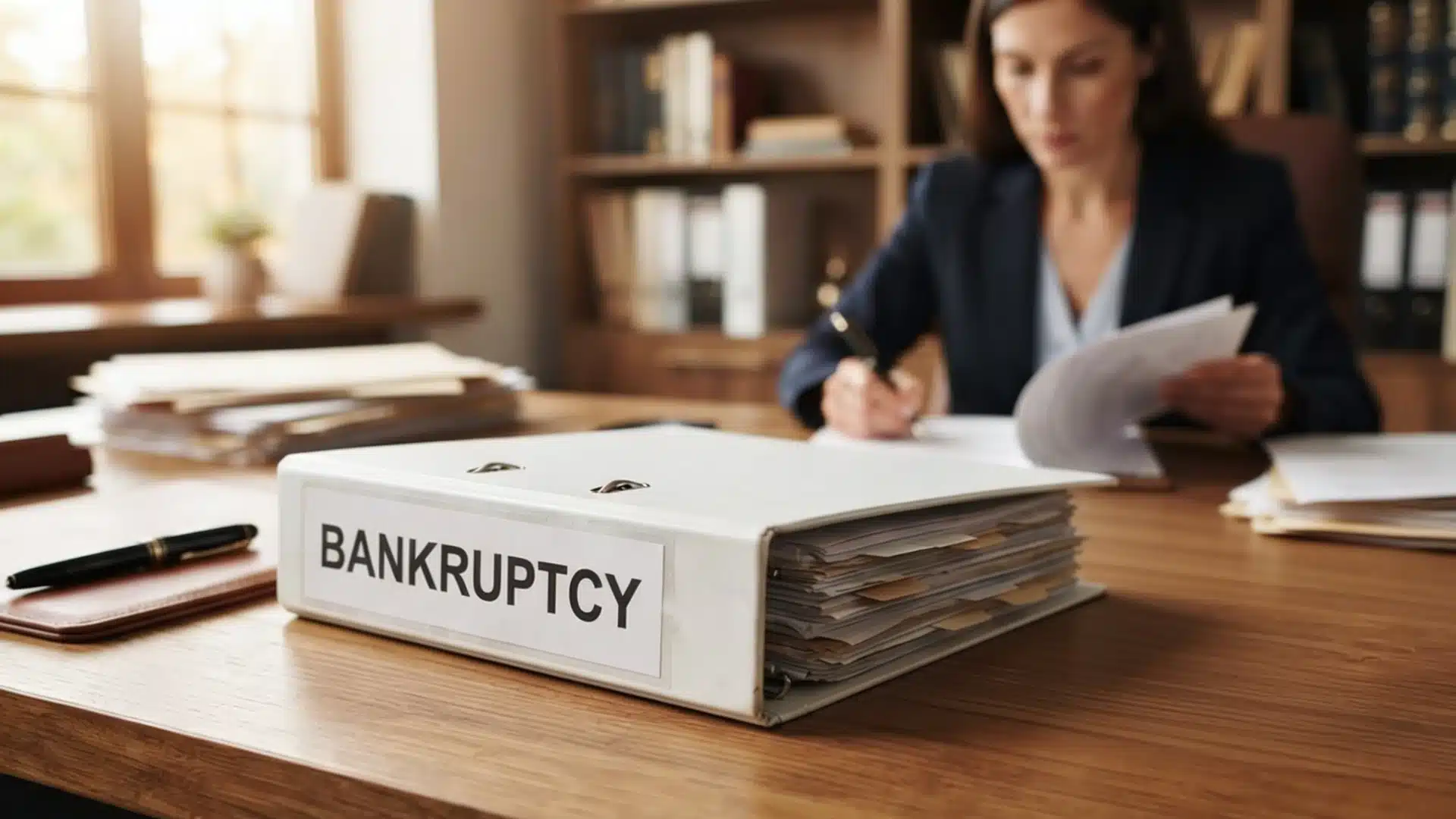 Bankruptcy filing binder on a desk while a person reviews legal documents