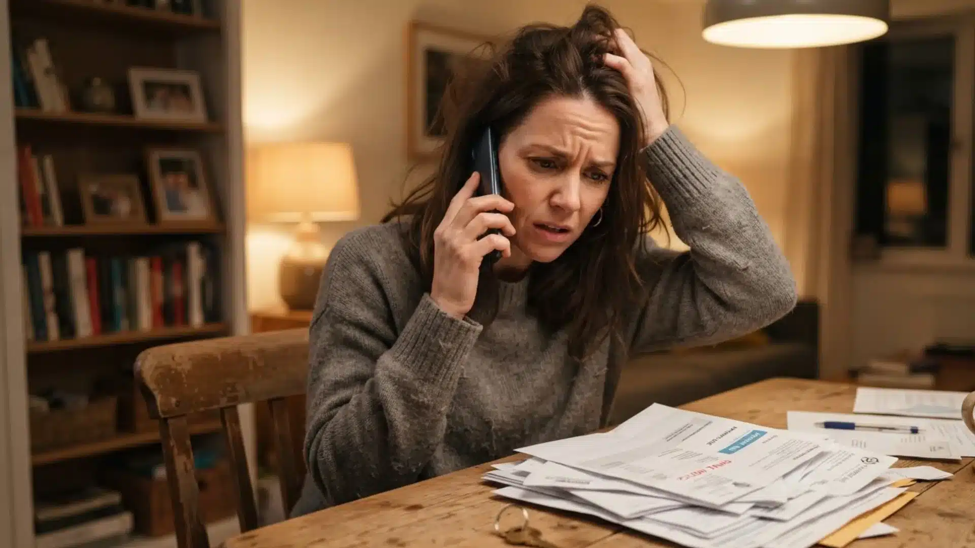 Stressed woman calls for help while reviewing bills and Chapter 13 filing papers
