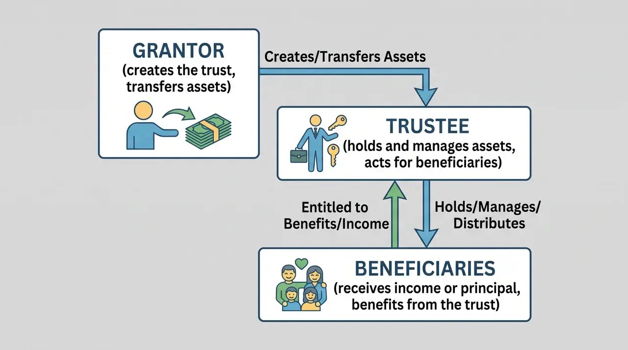 Diagram showing grantor, trustee, and beneficiary roles connected