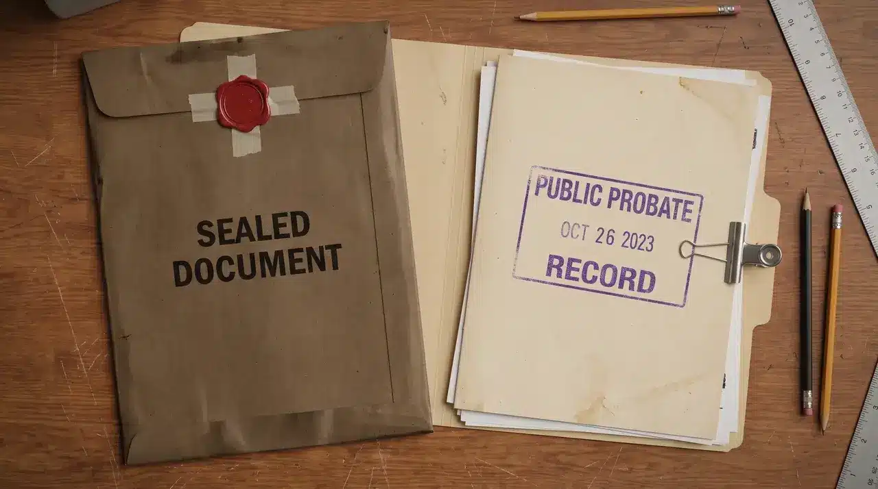 Sealed folder beside an open, stamped probate folder