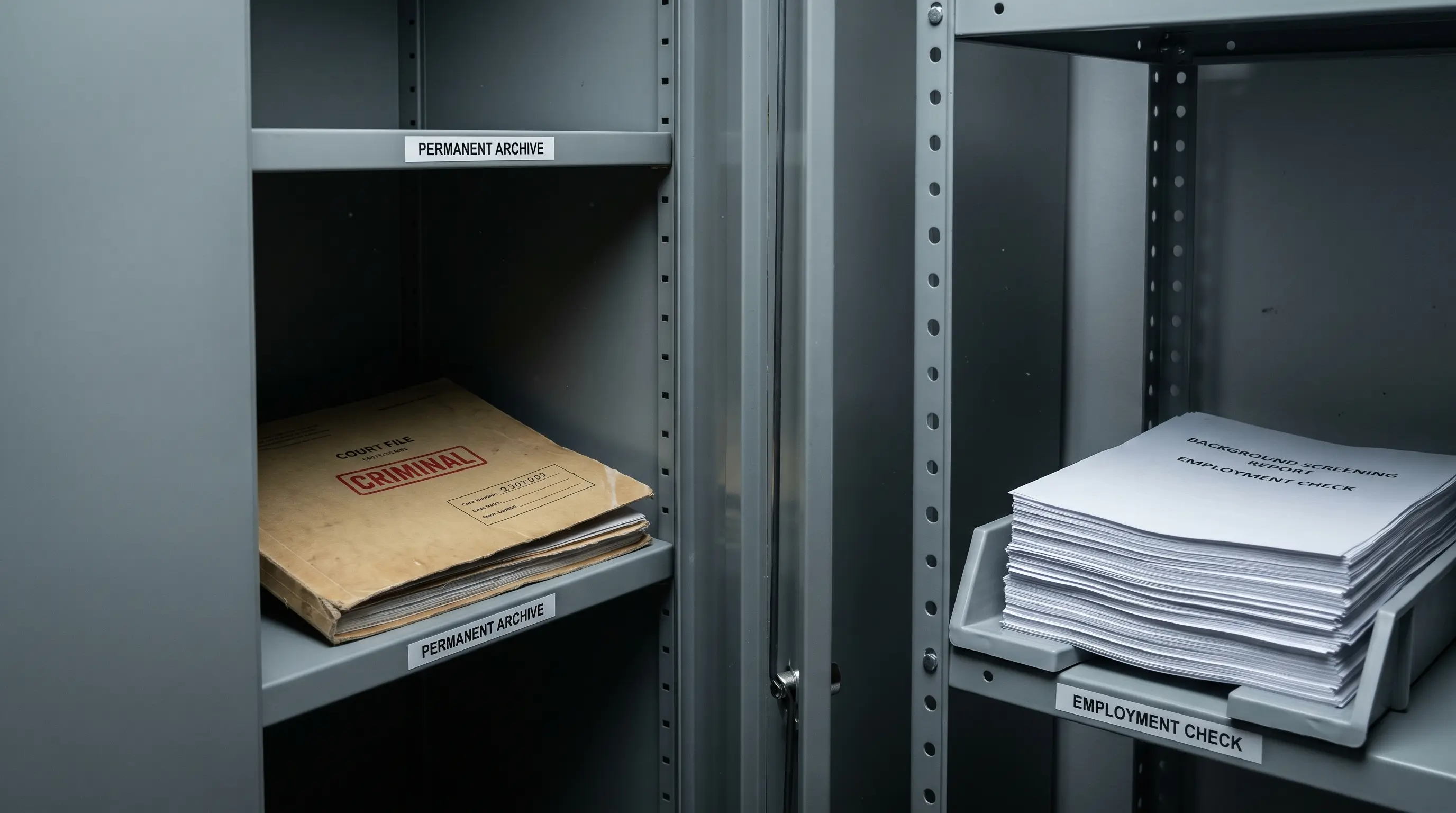 Archived court file beside separate background-screening records, showing two record systems.