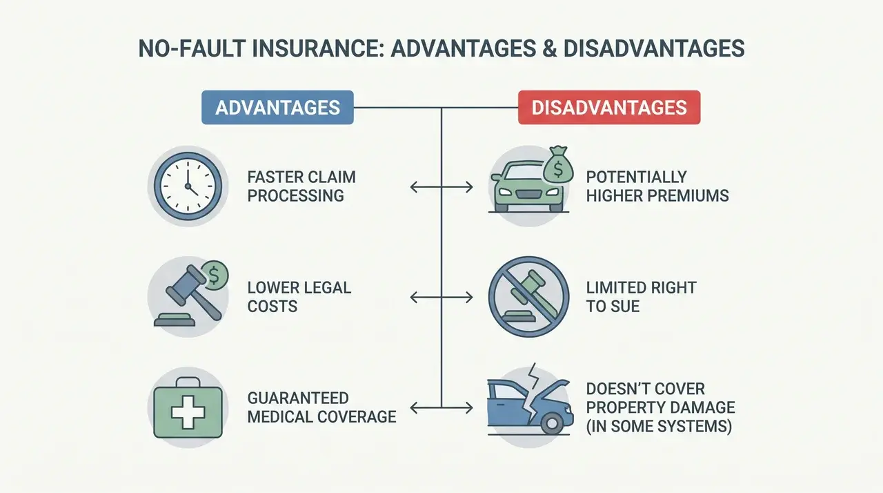 diagram comparing no-fault insurance advantages and disadvantages