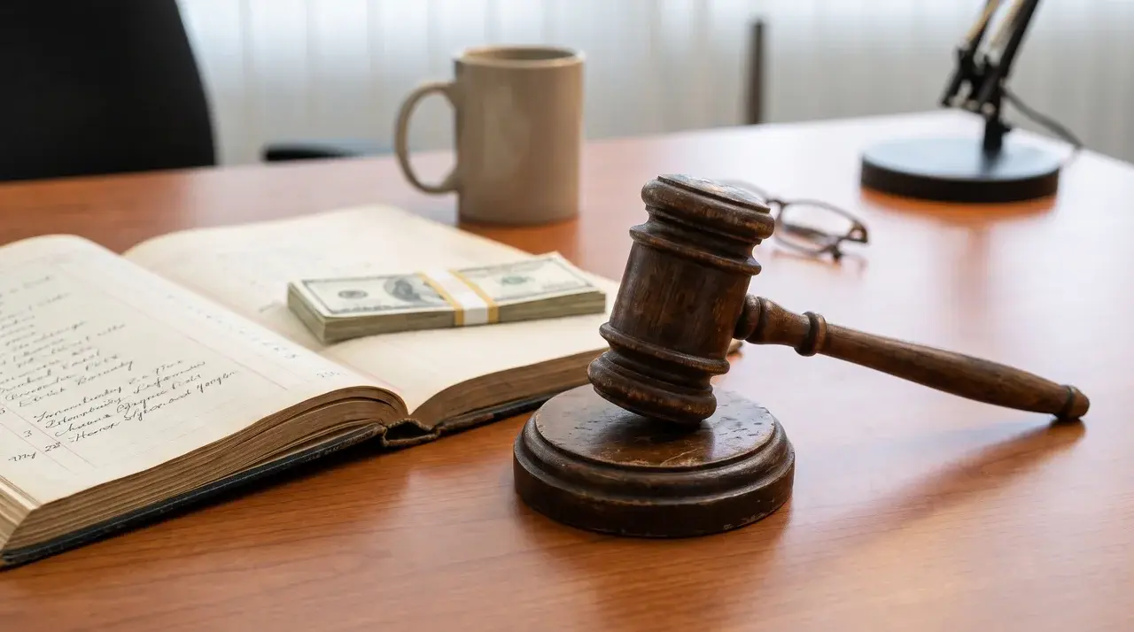 Gavel, ledger book, and stack of currency on a desk