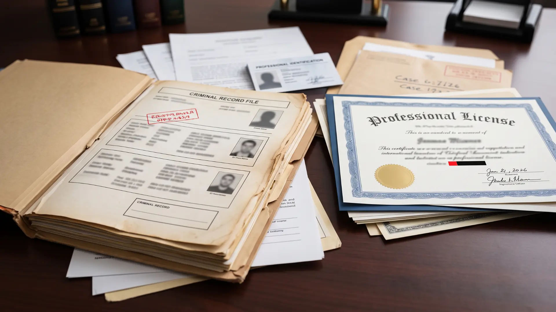 Legal records and professional documents showing the consequences of a felony perjury conviction.