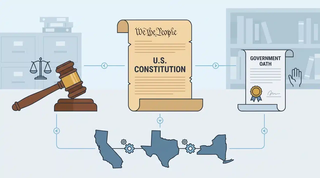 Illustration showing Constitution, gavel, oath document, and state outlines connected by legal principles