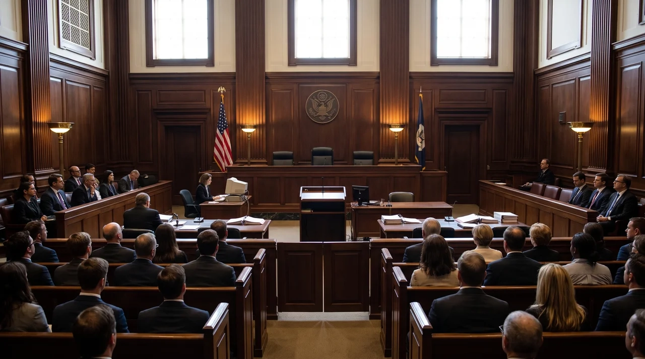Wide angle view of an empty federal courtroom interior representing the legal threshold courts apply before issuing declaratory relief.
