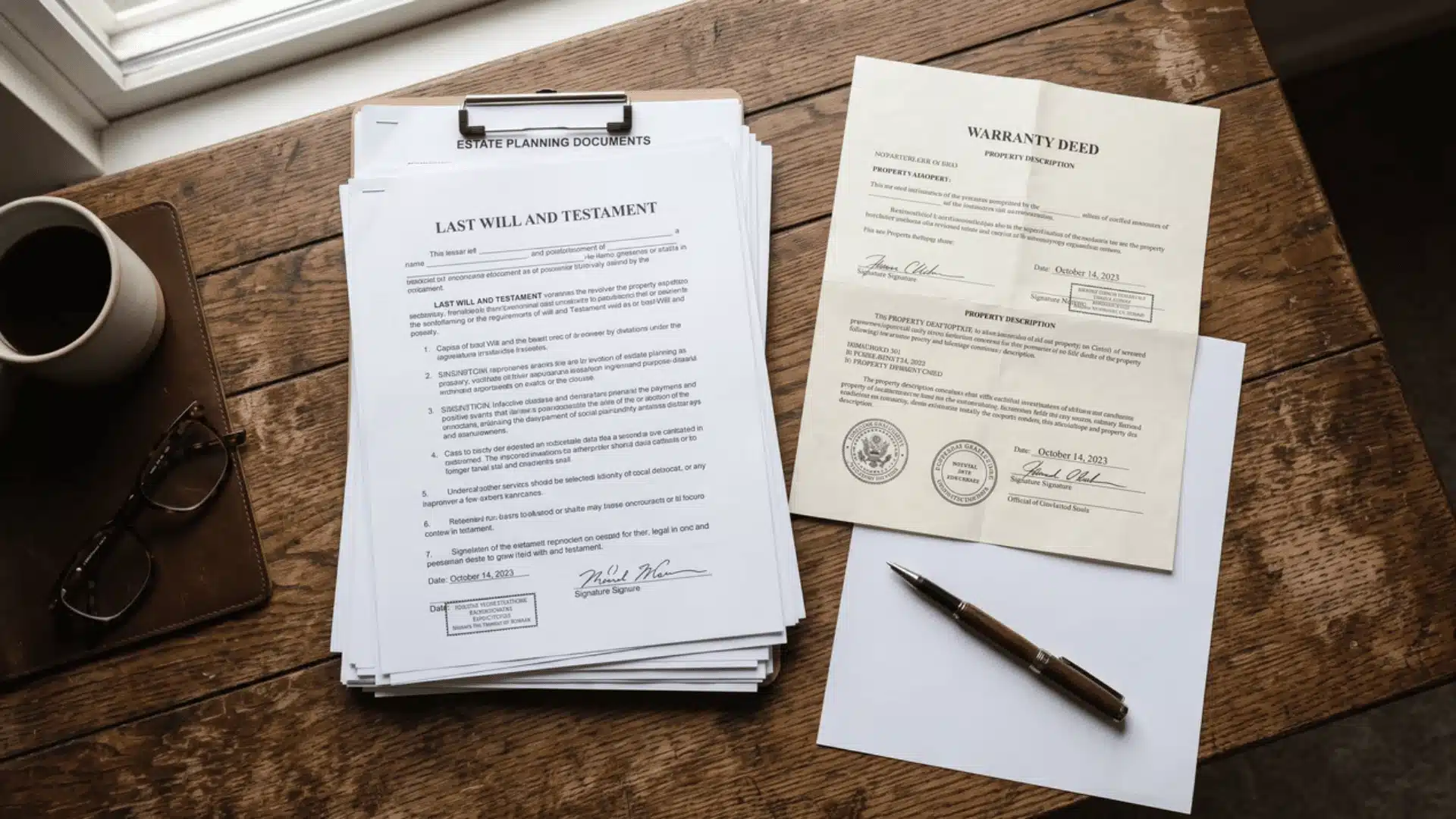 Stack of legal documents, a property deed, and a pen on a wooden desk