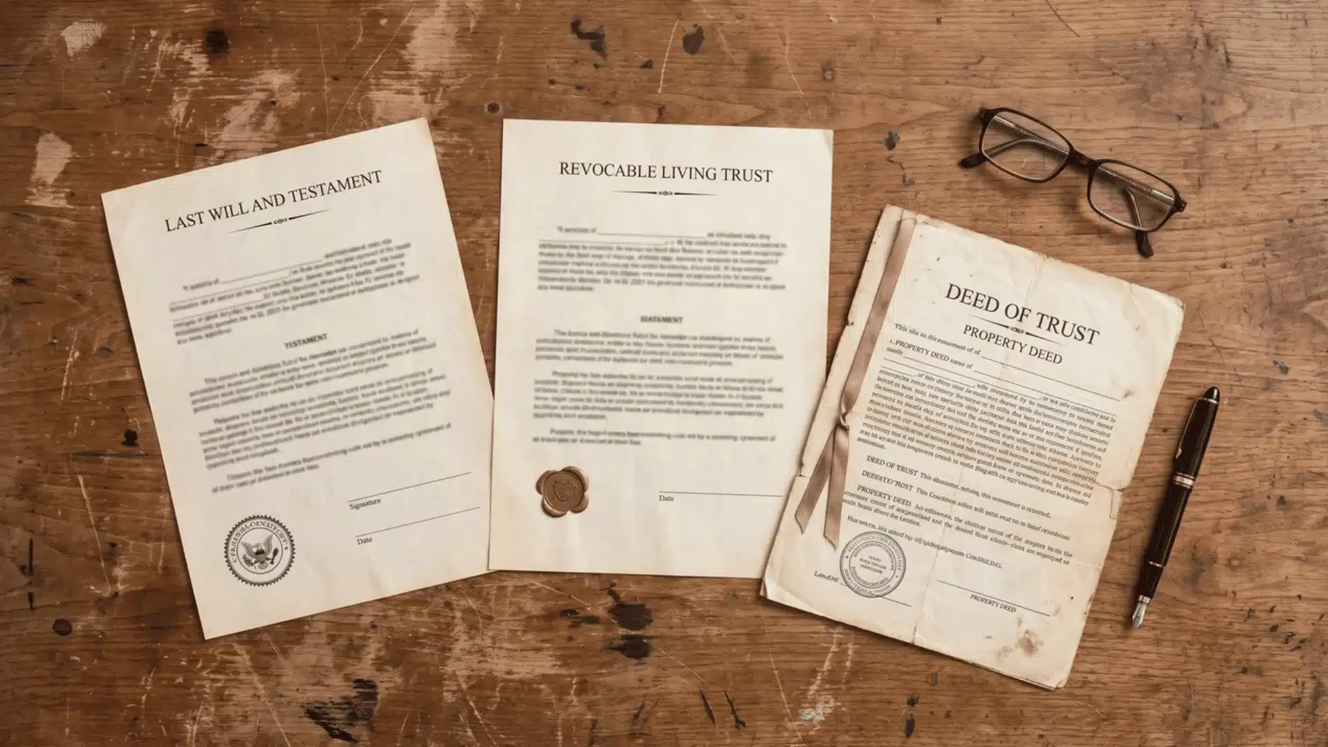 Will document, trust document, and a house deed arranged on a wooden desk