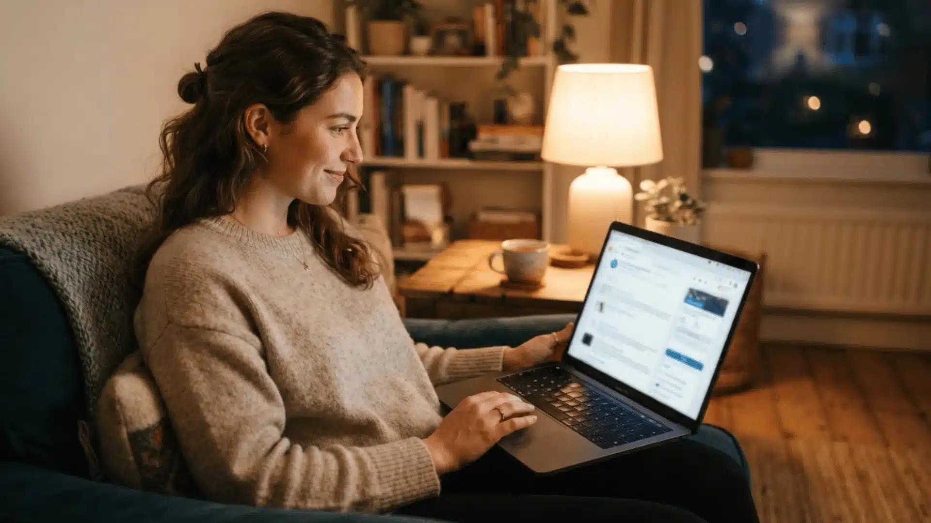 Woman researching lawyer costs on a laptop at home