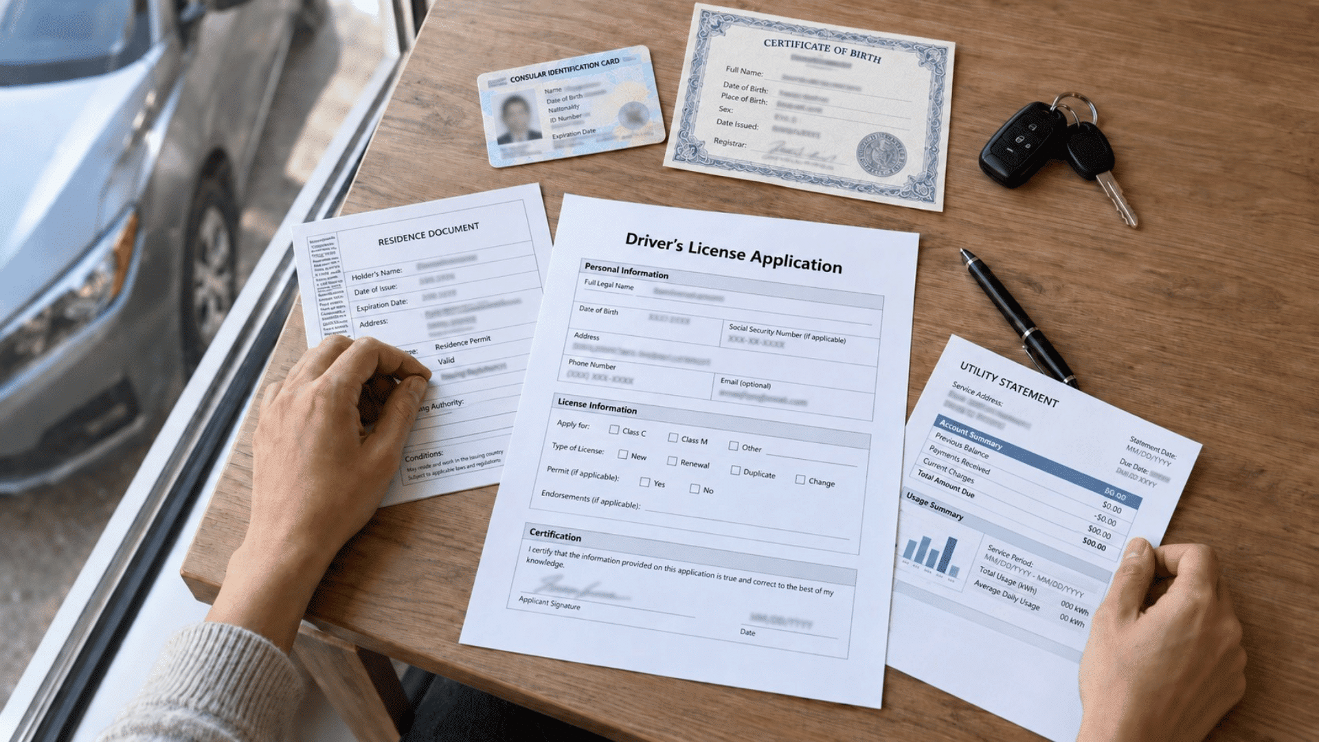 Driver’s license application with a consular ID, birth certificate, residency proof, utility bill, car keys, and hands.