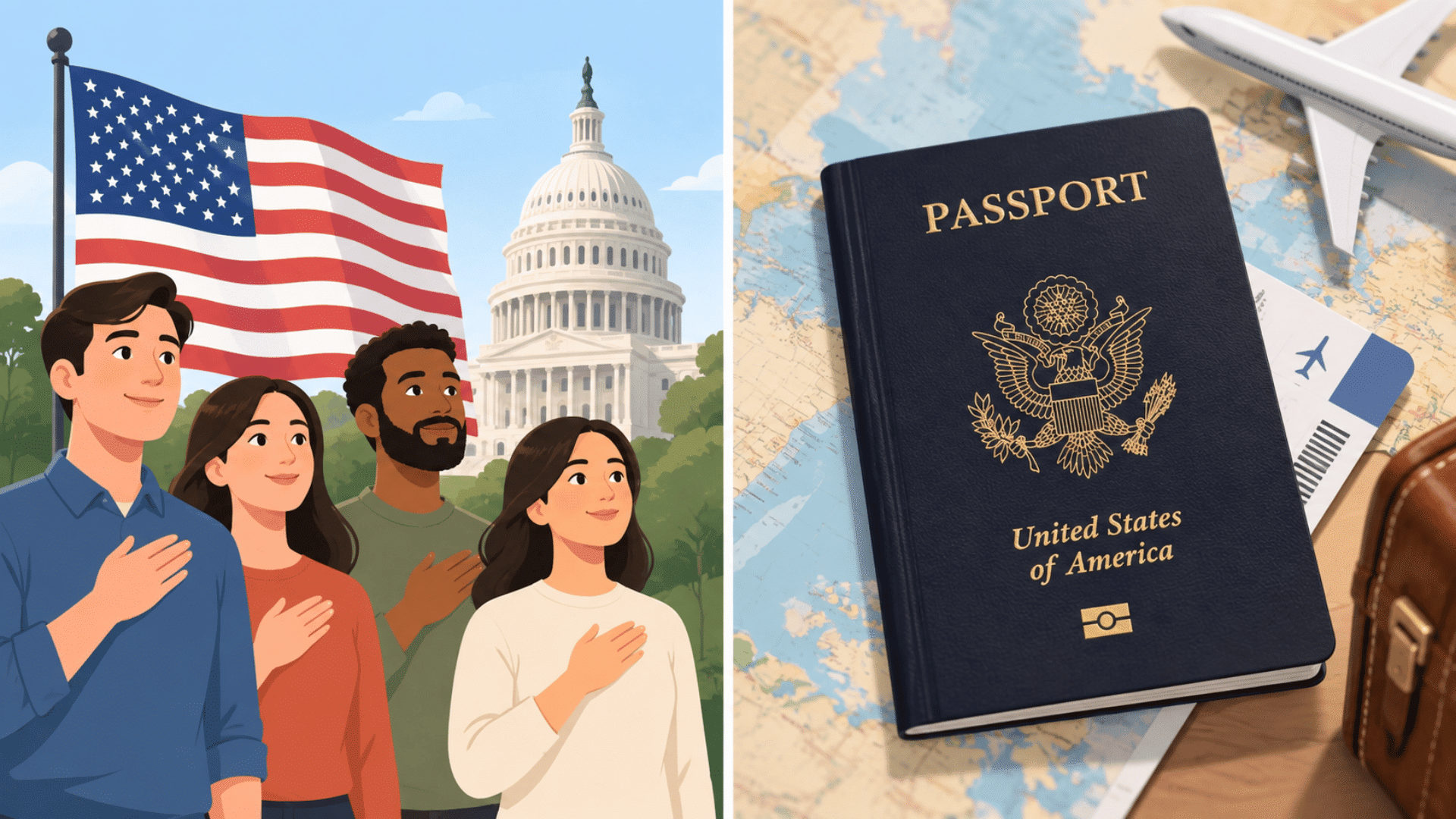 Animated comparison of U.S. citizenship with people by the Capitol and a U.S. passport shown with travel items.