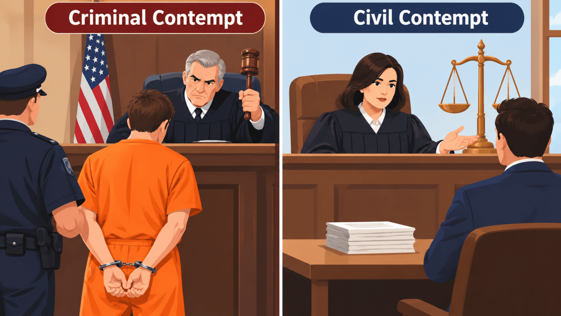 Illustration comparing criminal contempt with a jailed defendant and civil contempt with a judge addressing a suited man.