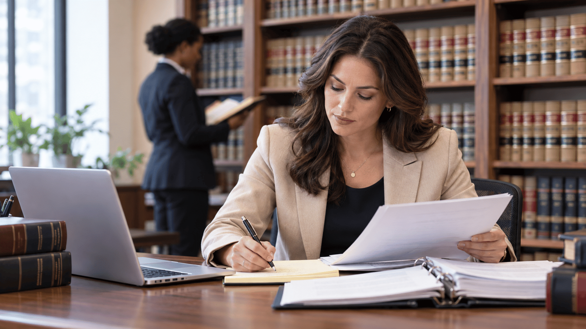 Woman studies legal documents and law books while preparing to become a paralegal.