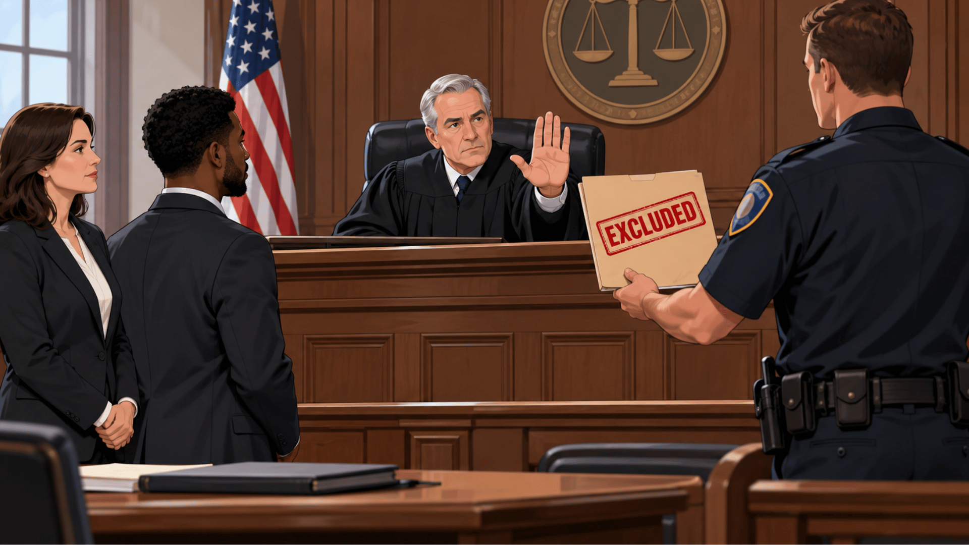 Judge rejects a police evidence folder marked excluded under the exclusionary rule during a U.S. courtroom hearing.