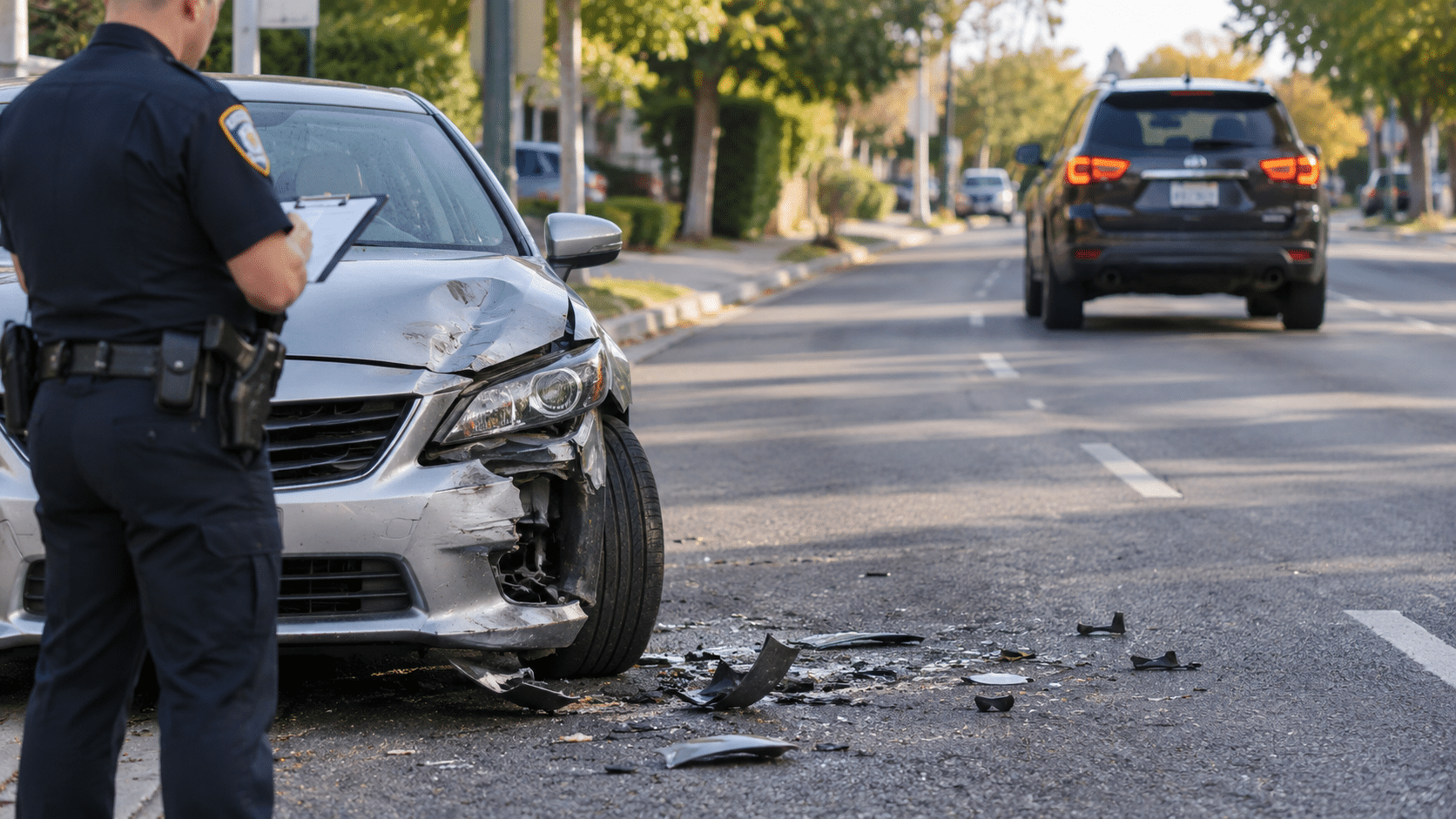 Police officer documents a damaged car after a hit-and-run crash on a suburban street with debris scattered on the road.