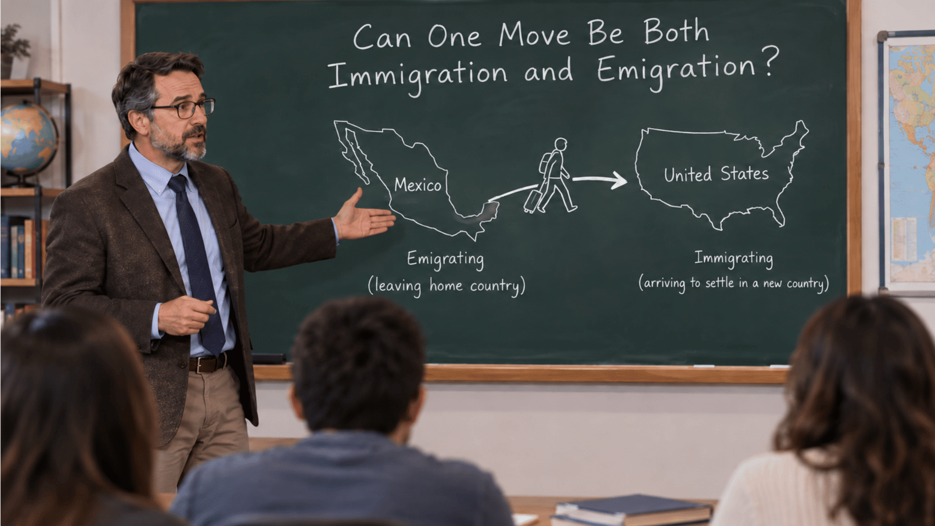 Professor gestures at blackboard explaining immigration and emigration with a Mexico-to-US movement diagram.