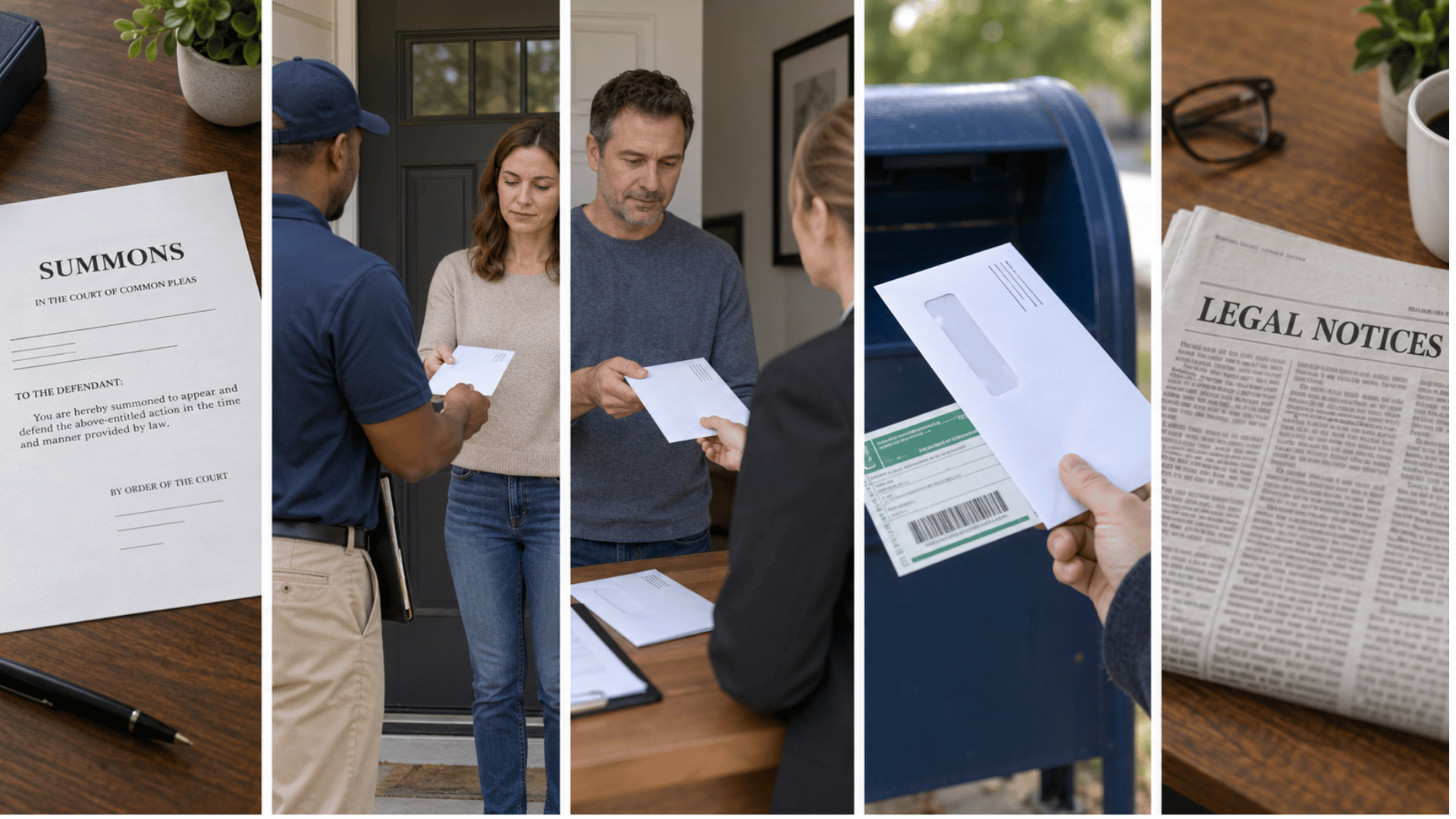 Five-panel image showing a court summons delivered in person, to another adult, by certified mail, and through publication.