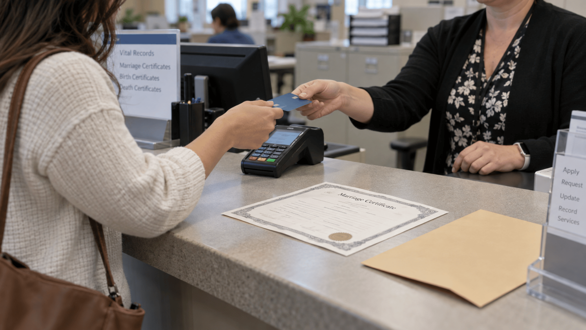 Woman paying for a certified marriage certificate copy at a vital records office after changing her name through marriage.