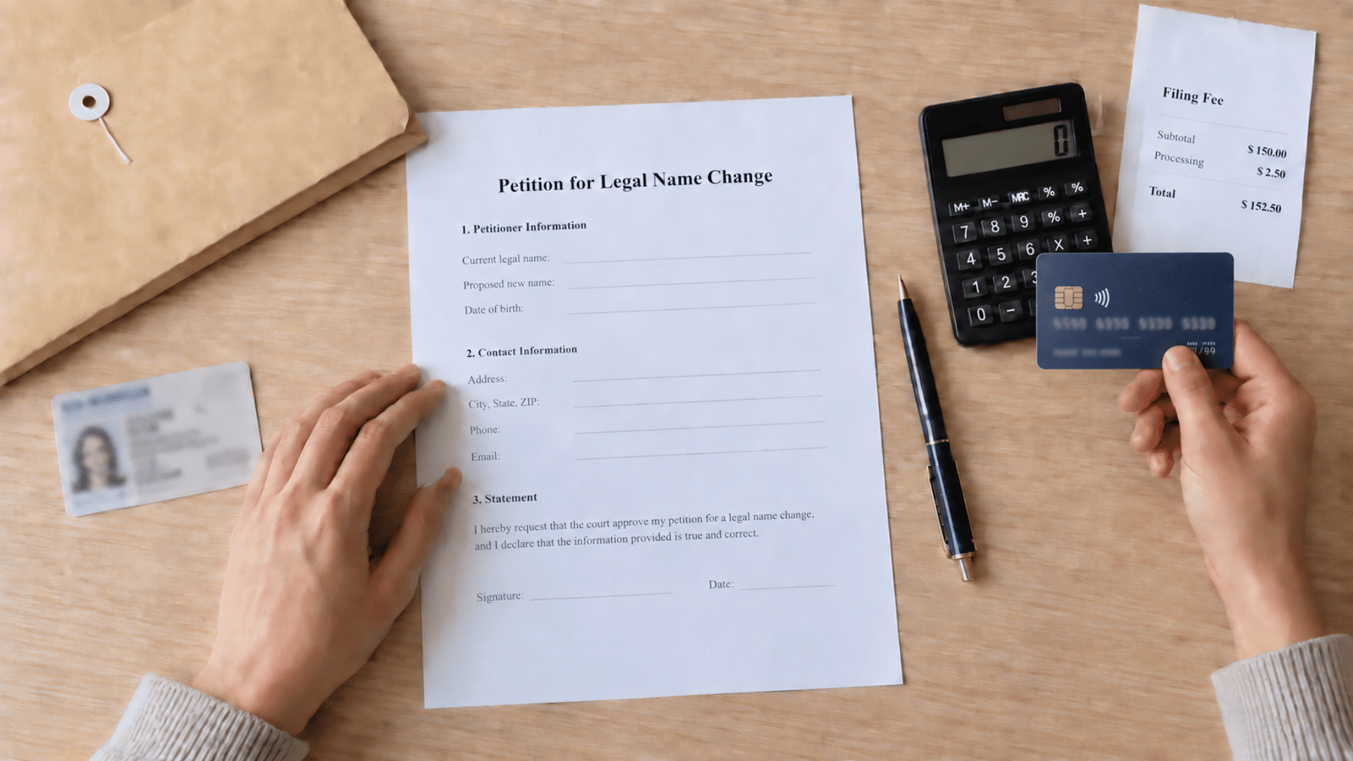 Person holding a credit card beside a legal name change petition, calculator, ID, and filing fee receipt on a desk.