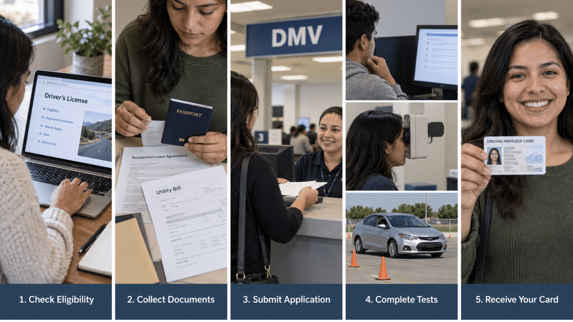 Five-panel image showing a woman checking eligibility, collecting documents, applying, taking tests, and receiving her license.