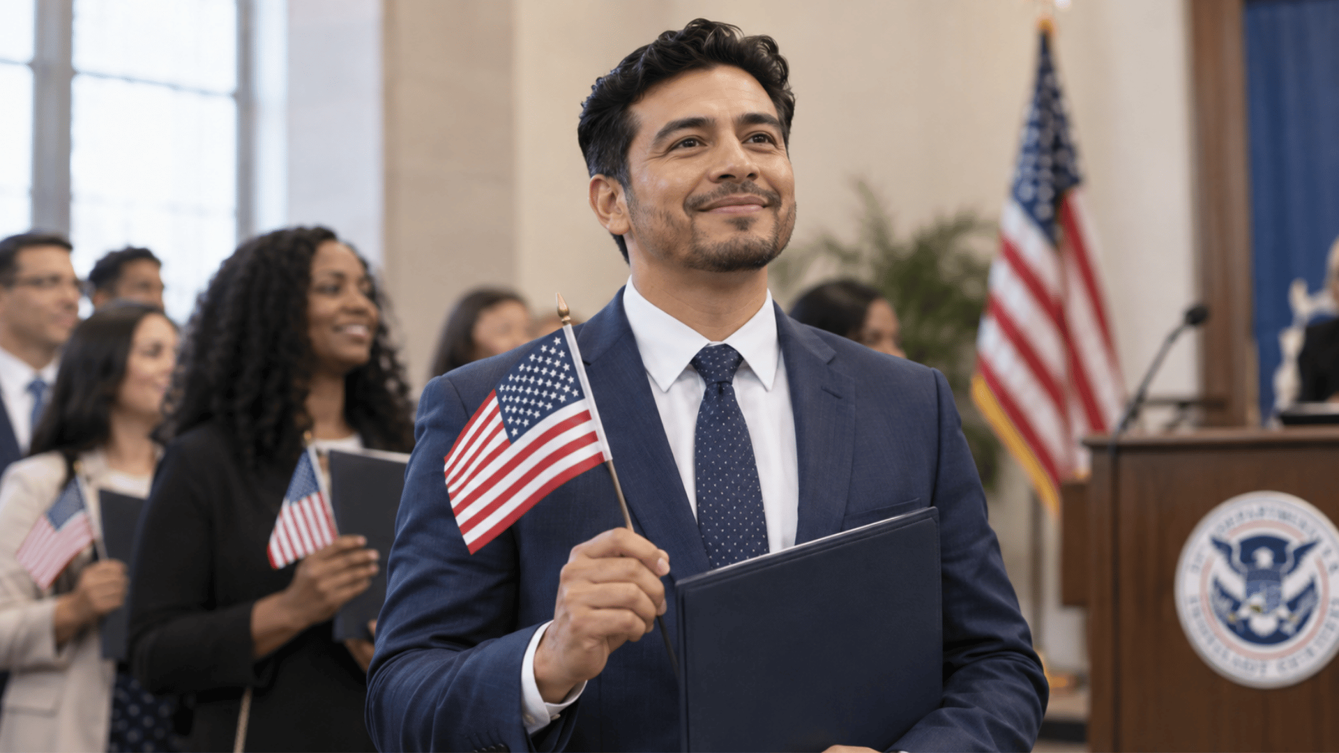 New U.S. citizen holding an American flag and certificate folder during a naturalization ceremony with other applicants.