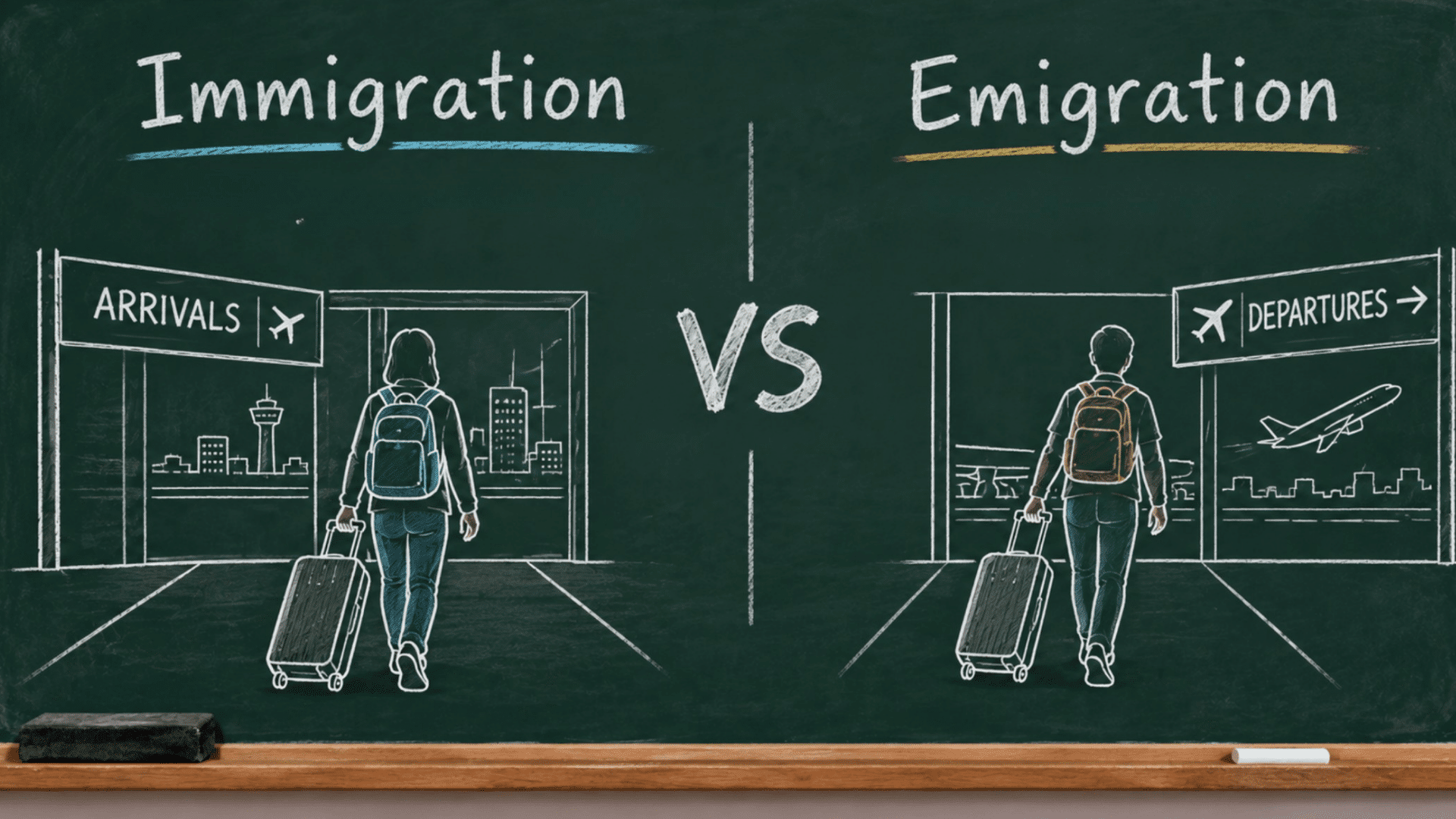 Chalkboard graphic comparing immigration and emigration with travelers at arrivals and departures and a VS in the center.