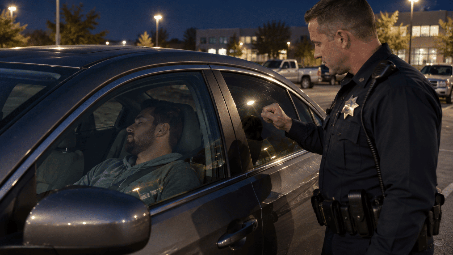 Police officer knocks on a parked car window while a man sleeps in the driver’s seat at night.