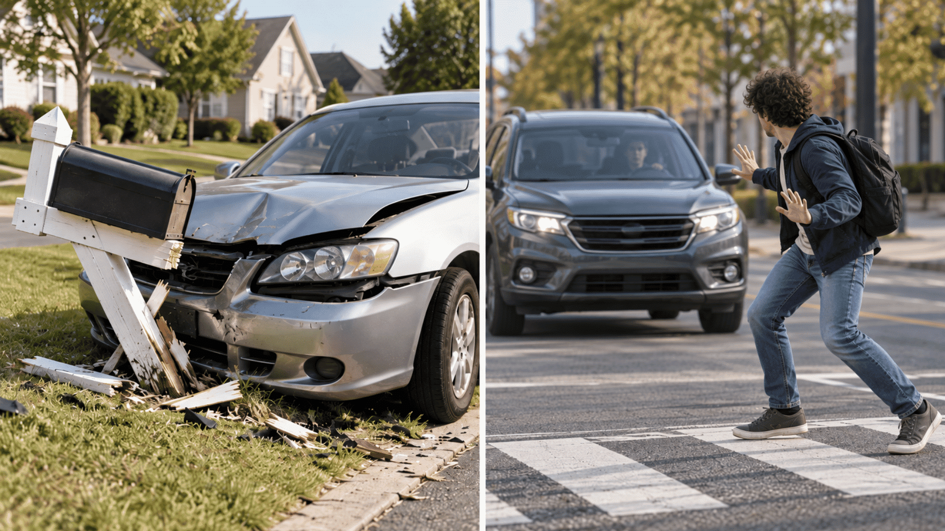 Split image showing a car crashed into a mailbox and another car approaching a startled pedestrian at a crosswalk.