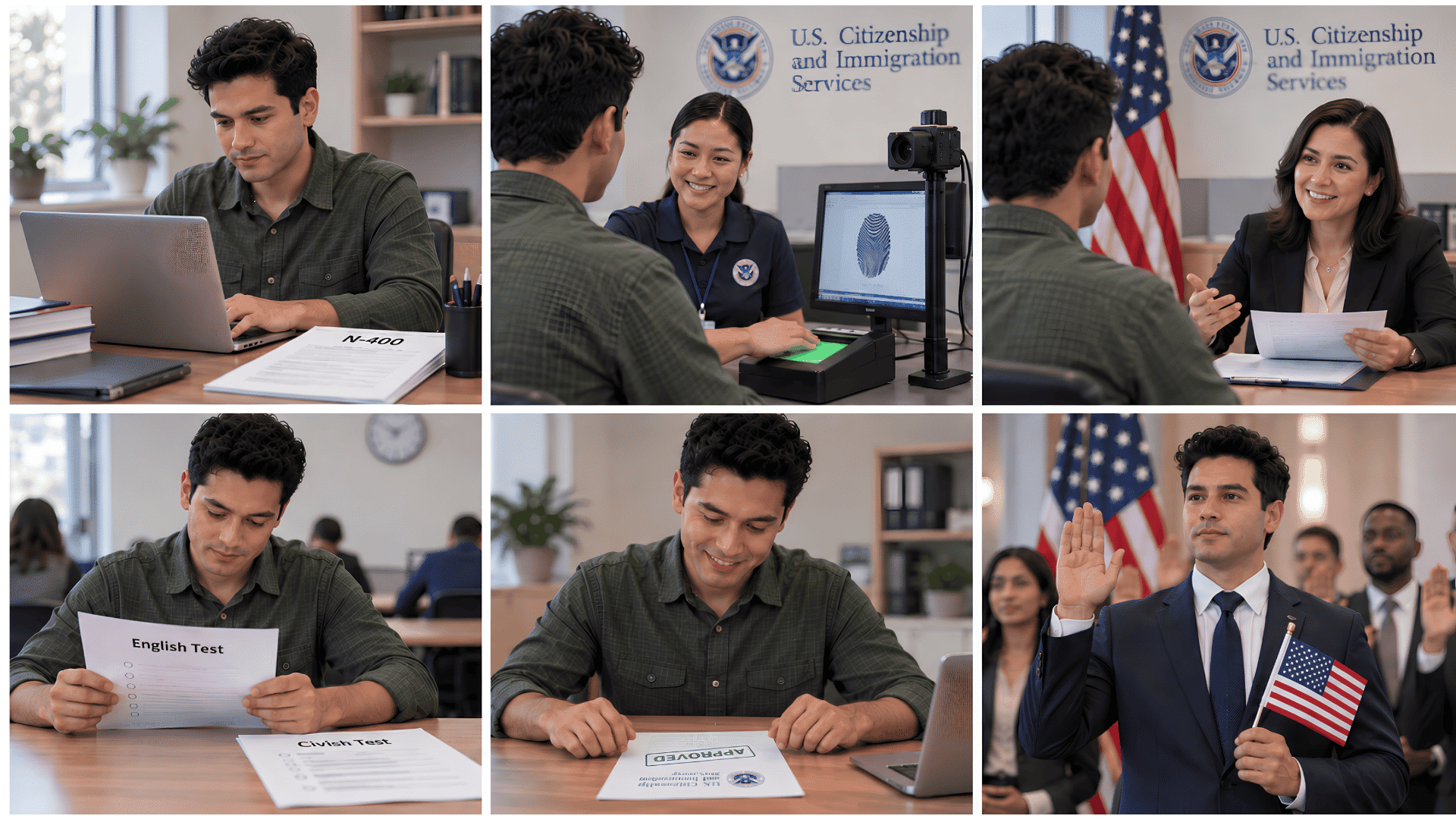 Six-panel collage showing a man completing U.S. naturalization steps from Form N-400 to the citizenship oath ceremony.