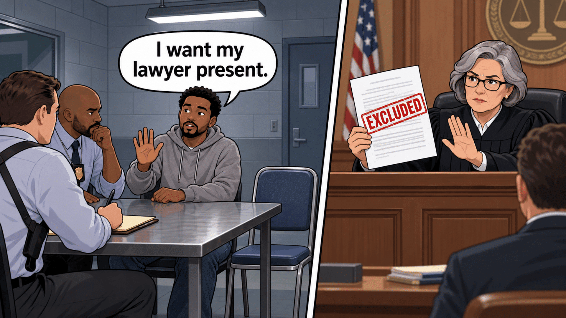 Defendant requests a lawyer during police questioning as a judge excludes the resulting statement from court.