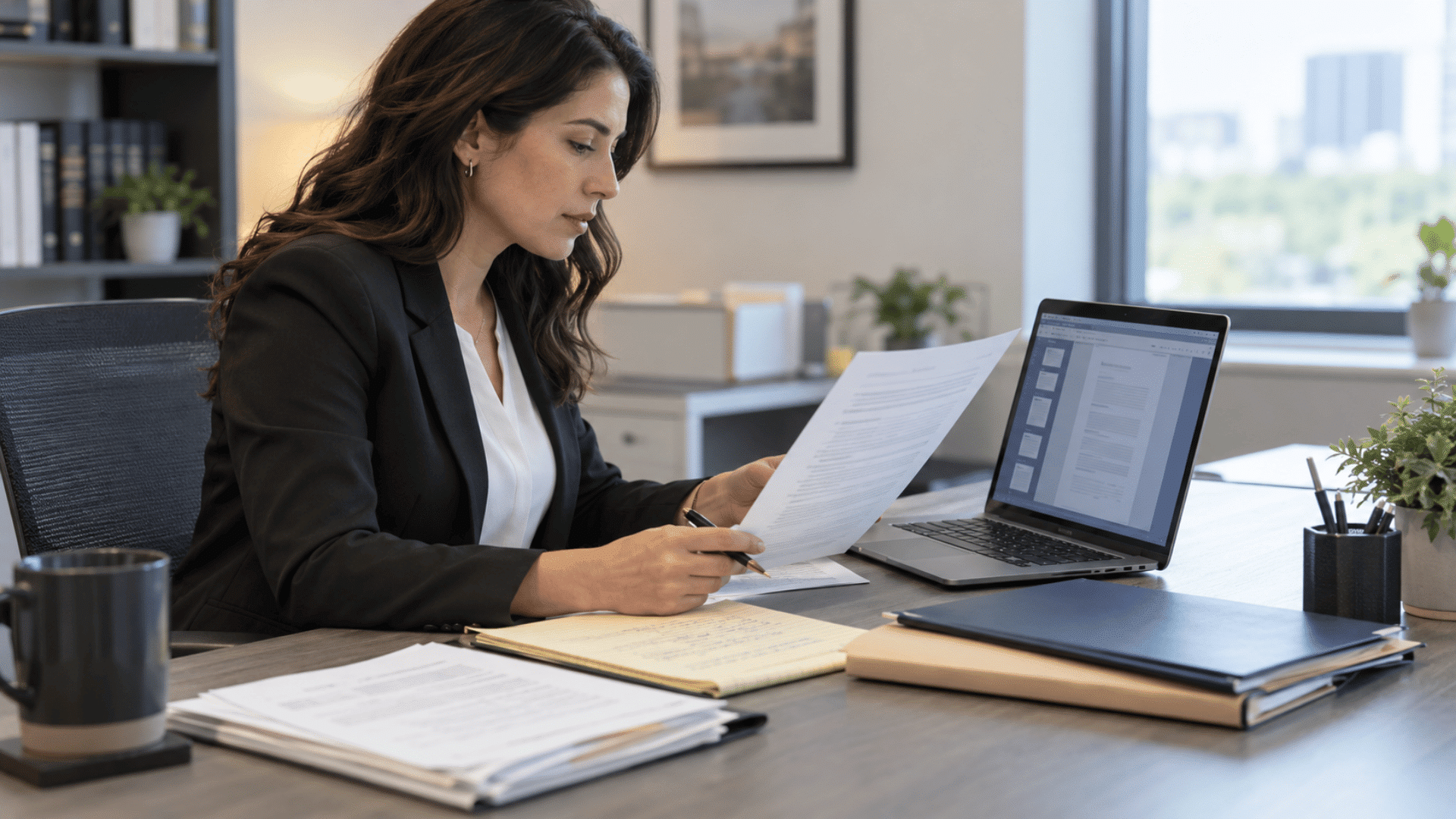 Paralegal reviewing legal documents beside a laptop and organized case files in a modern law office.