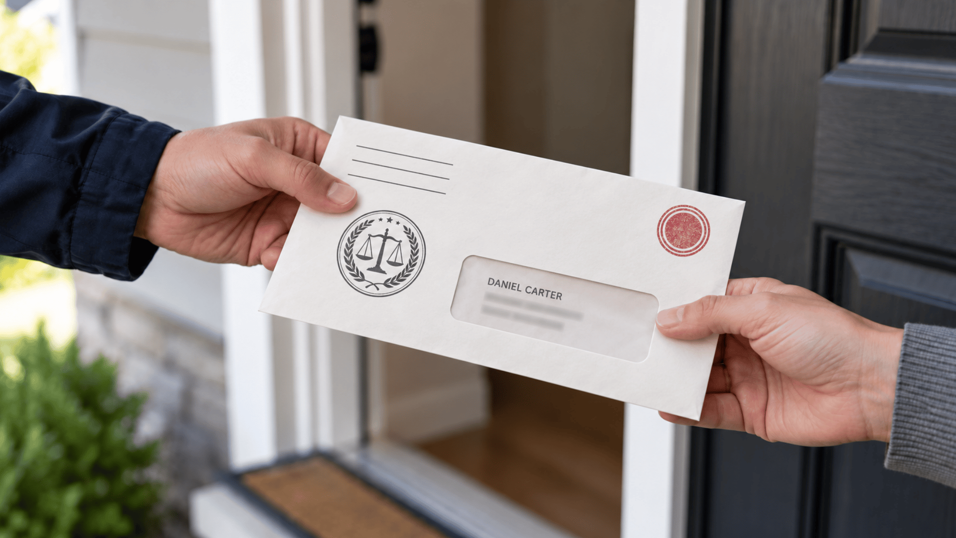 Hands exchanging a stamped court summons envelope addressed to Daniel Carter at the front door of a home.