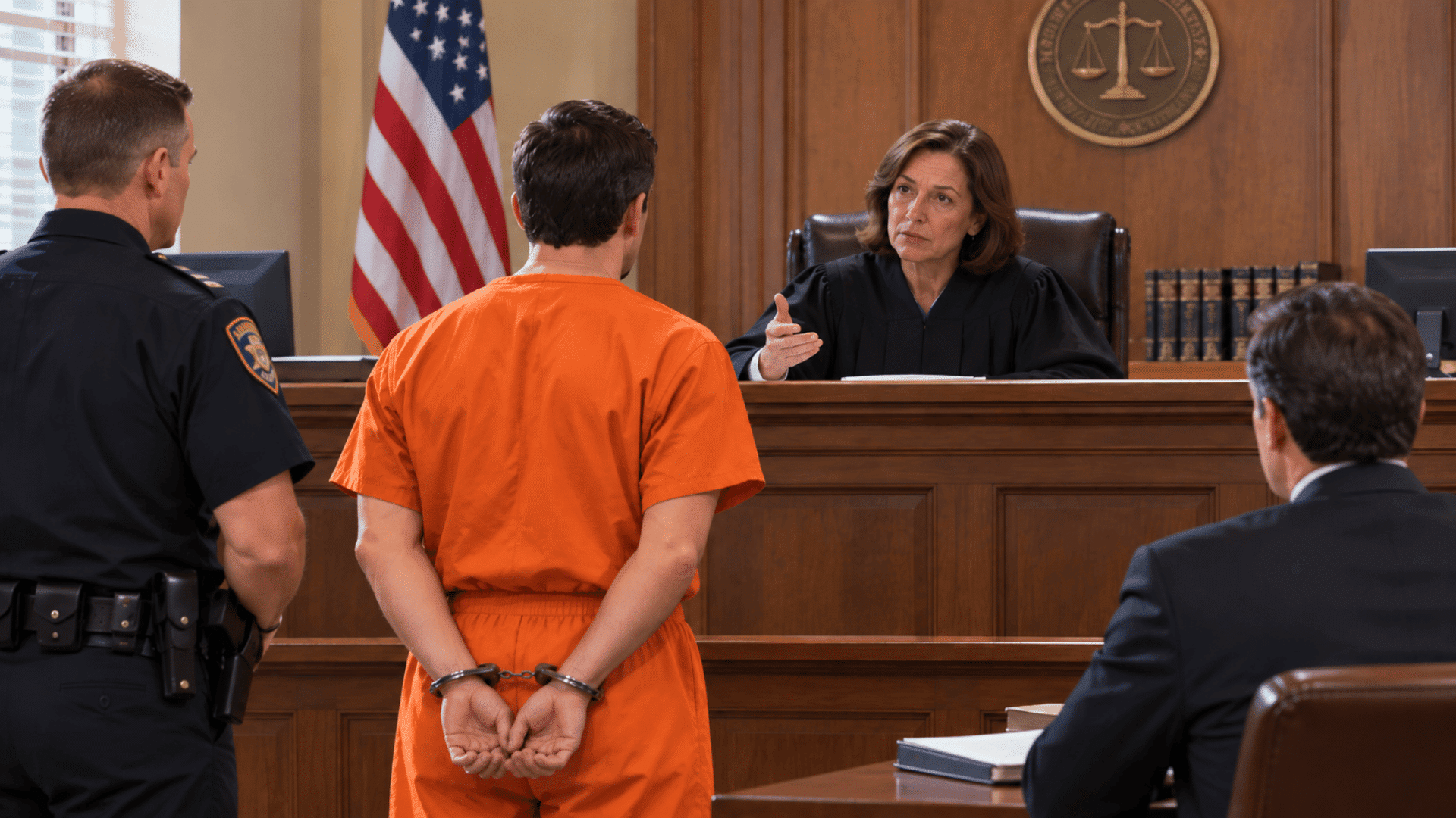 Judge addresses a handcuffed defendant in a US courtroom during a criminal contempt hearing.
