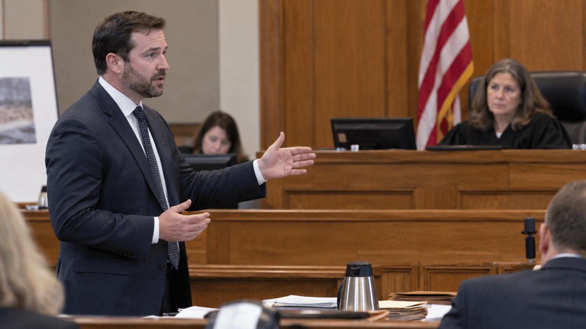 Prosecutor presents a harassment case before a judge in a U.S. courtroom while attorneys and court staff listen.